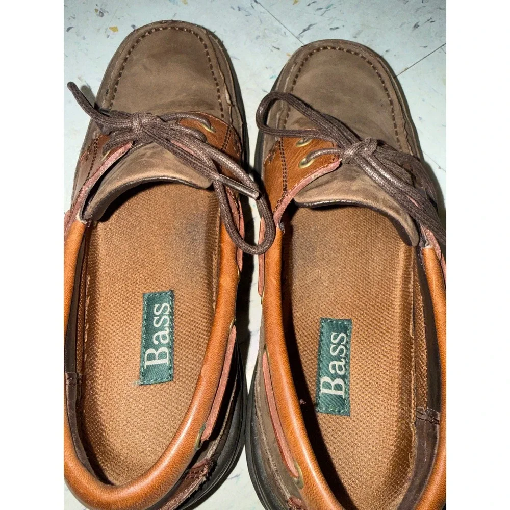 Bass Lowtide Mens Brown Leather Boat Shoes Two Tone Moc Toe Loafers 7M Preppy